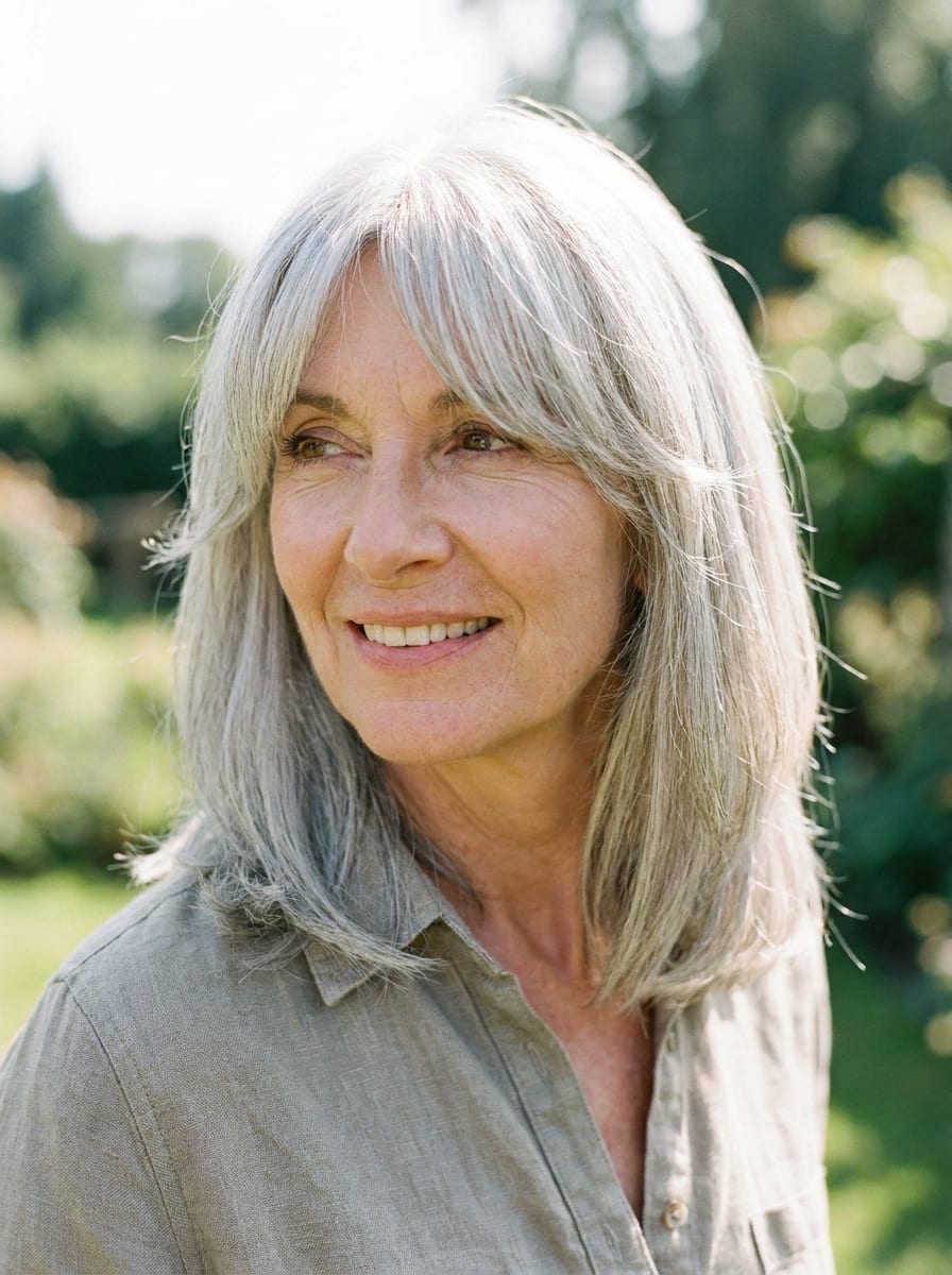 Graue Haare mit Curtain Bangs - Graue Haare Frisur